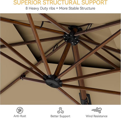 10x13 FT Wood Pattern Patio Umbrella with Base, Large Deluxe Cantilever Rectangular Double Top Heavy Duty Offset Umbrellas with 360° Rotation, Outdoor shade for Garden Pool Patio, Tan