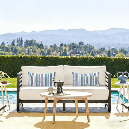 LVTXIII Outdoor Lumbar Pillow Covers Set of 2 Patio Decorative Pillow Cases, Water Repellent Lumbar Cushion Cases for Sofa, Patio Couch Garden Use, 12x20 Inch, Stripe Layered Blue