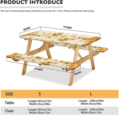 Thanksgiving Elastic Fitted Table Cloth for Outdoor Camping Pumpkin Sunflower Butterfly Camping Table Cloth for Picnic Table 3 PCS Set