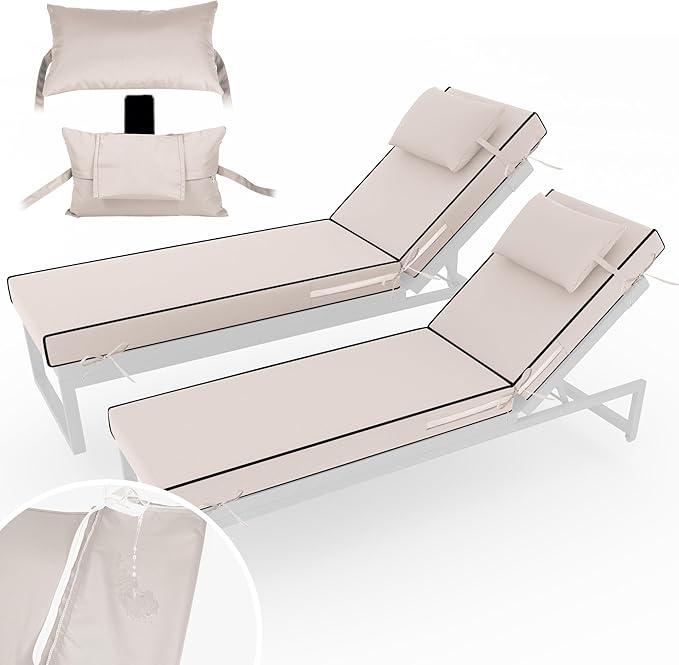 Chaise Lounge Cushions Outdoor Set of 2 Lounge Chair Cushion 80" L x 26" W with Headrest Straps 3'' Thick Waterproof Patio Chaise Cushions Pool Lounger Chair Cushion(Grey White)