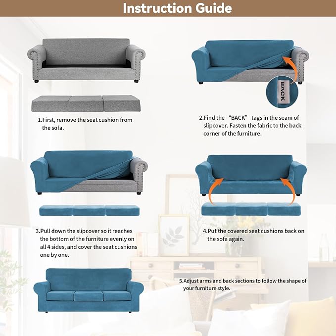 WEERRW 4-Piece Couch Cover for Sofa Velvet Slipcover Washable, Peacock Blue | Sofa Covers for 3 Cushion Couch Furniture Protector Sofa Slipcovers with Non Slip Elastic Bottom, Pet Friendly, Large