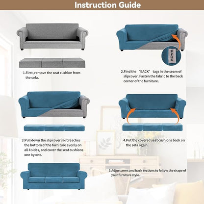 WEERRW 4-Piece Couch Cover for Sofa Velvet Slipcover Washable, Peacock Blue | Sofa Covers for 3 Cushion Couch Furniture Protector Sofa Slipcovers with Non Slip Elastic Bottom, Pet Friendly, Large