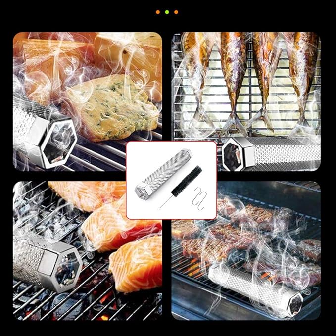 Pellet Smoker Tube for Grilling, 12 inches Premium Stainless Steel BBQ Wood Pellet Tube Smoker for Gas Charcoal Electric Grill or Smokers, Hexagonal with 2 S Shape Hooks and 1 Cleaning Brush