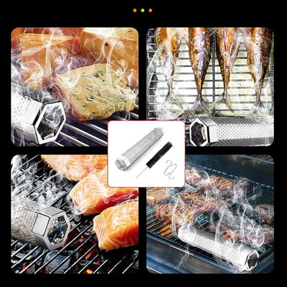 Pellet Smoker Tube for Grilling, 12 inches Premium Stainless Steel BBQ Wood Pellet Tube Smoker for Gas Charcoal Electric Grill or Smokers, Hexagonal with 2 S Shape Hooks and 1 Cleaning Brush
