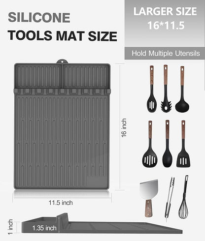 Silicone Grill Mat Compatible with Blackstone, BBQ Griddle Tools Mat with Drip Pad, Large Spatula Holder for Outdoor Kitchen Counter, Gifts for Men （Gray）