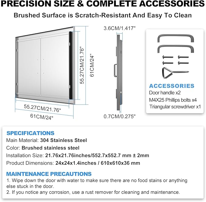 Outdoor Kitchen Doors 24" W x 24" H-304 Stainless Steel Never Rust BBQ Access Door-Double Layer-Outside Cabinet Door-Weatherproof GrillDoor-Flush Mount BBQ Island Doors-MetalDoor for Outdoor Kitchen
