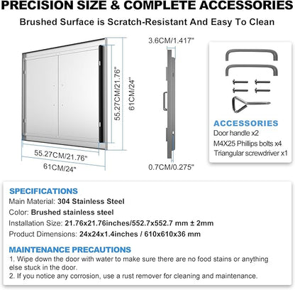 Outdoor Kitchen Doors 24" W x 24" H-304 Stainless Steel Never Rust BBQ Access Door-Double Layer-Outside Cabinet Door-Weatherproof GrillDoor-Flush Mount BBQ Island Doors-MetalDoor for Outdoor Kitchen