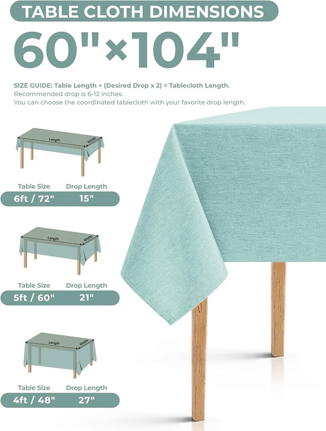 Decorelia Faux Linen Farmhouse Table Cloth 60"x104" for 6 ft Rectangle Table, Aqua Waterproof Outdoor Washable Cloth Tablecloth for Rectangular Dining Room Kitchen Outdoor Party Restaurant Decor