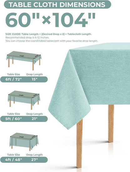 Decorelia Faux Linen Farmhouse Table Cloth 60"x104" for 6 ft Rectangle Table, Aqua Waterproof Outdoor Washable Cloth Tablecloth for Rectangular Dining Room Kitchen Outdoor Party Restaurant Decor