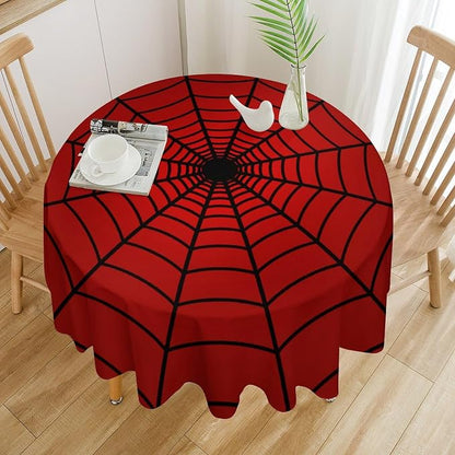 Spider Web Heros Tablecloth, Black Spiderweb Red Cobweb Circle Water Resistant Wipeable Table Cover for Picnic Party Holiday Kitchen Dinner Table 36"