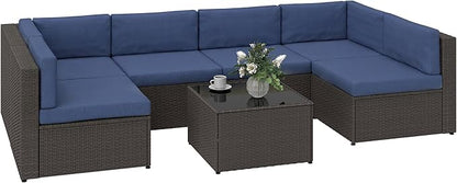 Outsunny 7 Piece Patio Furniture Set, Wicker Outdoor Sectional Sofa Set, All Weather PE Rattan Outdoor Furniture Conversation Sets with Cushions, Glass Top Coffee Table, Dark Blue
