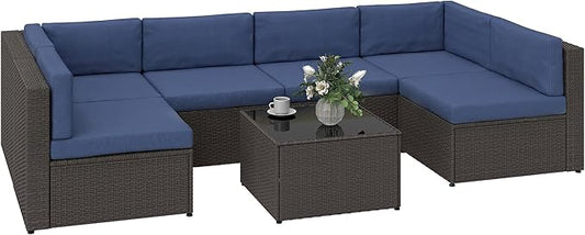 Outsunny 7 Piece Patio Furniture Set, Wicker Outdoor Sectional Sofa Set, All Weather PE Rattan Outdoor Furniture Conversation Sets with Cushions, Glass Top Coffee Table, Dark Blue