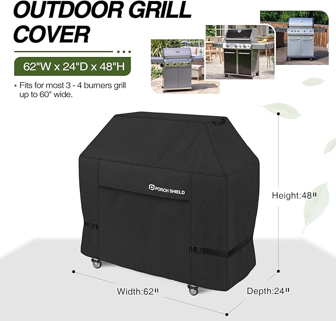 Porch Shield 62W x 24D x 48H inch Premium Gas Grill Cover Up to 60 inch, Waterproof and Fade Resistant 600D BBQ Covers for Weber, Brinkmann, Char-Broil and More, Black