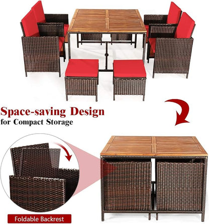 Tangkula 9 Pieces Acacia Wood Patio Dining Set, Space Saving Wicker Chairs and Wood Table with Umbrella Hole Outdoor Furniture Set, Suitable for Garden, Yard, Poolside, Outdoor Seating Set