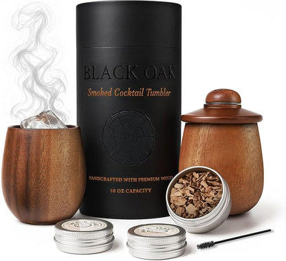 Black Oak Smoked Cocktail Kit – 2-Pack Charred Wooden Whiskey Cup 10oz, Whiskey Smoker Kit with Lid, 3 Smoker Wood Chips & 1 Ice Mold for Old Fashioned | Bourbon Gifts for Men, Dads & Bartenders