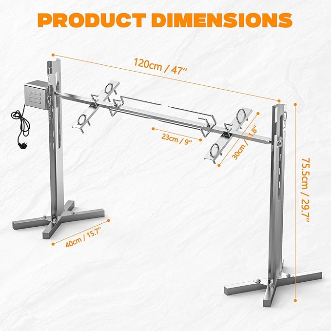 onlyfire Stainless Steel Pig Lamb Roaster with 15W 110V Powerful Motor | Spit Rotisserie Kit with Adjustable Height Stand for Outdoor Cooking, Camping, Holds Up to 132LBS