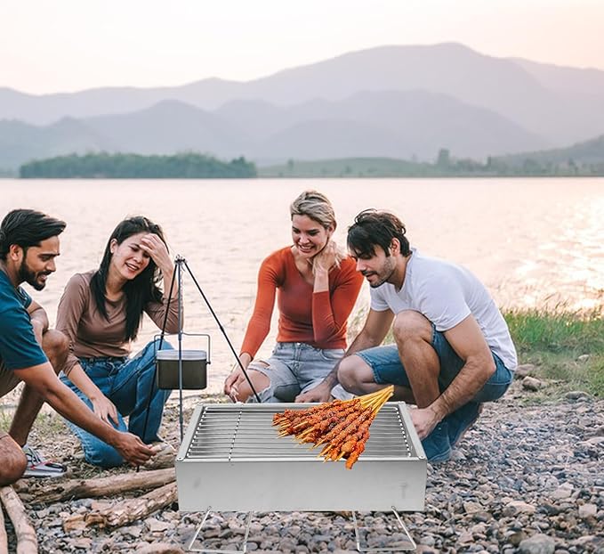 Portable Stainless Steel Charcoal Grill Outdoor Bbq Rack Foldable Camping Barbecue Stove 36x26.5x17.5cm Practical Picnic Cooking Accessory