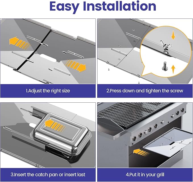 Geesta Grill Grease Tray Set, Stainless Steel Grill Replacement Parts, 24" - 27" Adjustable Grill Drip Pans Fit for Gas Grill from Dyna Glo, Nexgrill, Backyard Grill, Expert, BHG, Kenmore and More