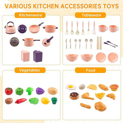 60Pcs Kids Mini Play Kitchen Accessories, Pretend Cooking Play Set with Cookware, Tableware & Fruit & BBQ Sets, Learning Gift for Boys, Girls, Toddlers,Pink