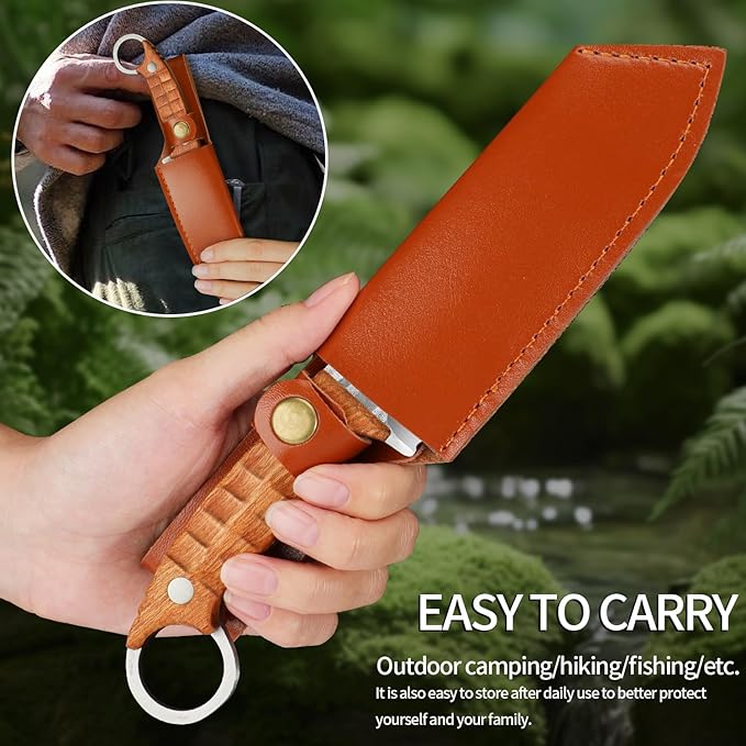 Plys Full Tang Camping Knife,Ergonomic Rosewood Handle, Multi-Tool Outdoor Survival Knife for Precise Stabbing, EDC Lightweight Adventure & Hunting Gear with Leather Sheath