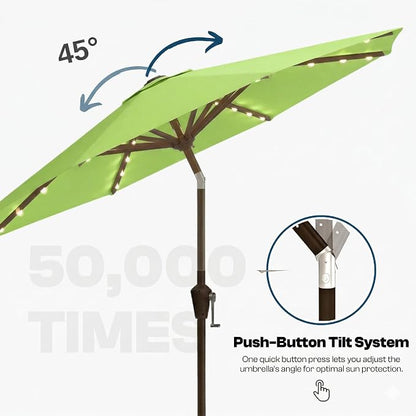 10FT Solar Lighted Patio Umbrella, Outdoor Table Market Umbrellas with Push Button Tilt and Crank, 32 LED Lights, 8 Sturdy Ribs, UV-Resistant for Deck, Garden, Pool