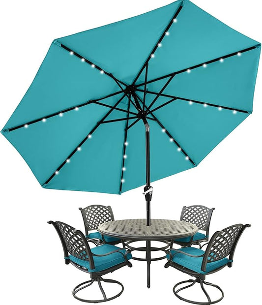 MASTERCANOPY 9FT 8Ribs Patio Umbrella with 32 Solar LED Lights, Outdoor Market Umbrella with Tilt & Crank, UV Protection & Fade Resistant Fabric, Easy Set-Up for Garden, Deck, Pool (Turquoise)