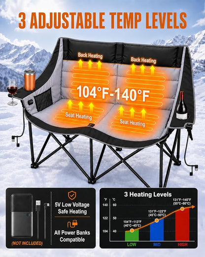 HOPERAN Heated Double Camping Chair, 660lbs 3 Heat Levels Camping Loveseat | 4 Heating Zones, 58" Seat, Padded Camp Couch, 600D Fabric, Cup & Wine Glass Holder, Side & Rear Pocket, Campfire Lawn Patio