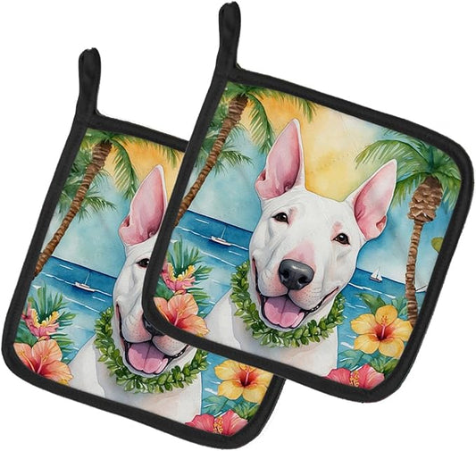 Caroline's Treasures English Bull Terrier Luau Pair of Pot Holders Kitchen Heat Resistant Pot Holders Sets Oven Hot Pads for Cooking Baking BBQ, 7 1/2 x 7 1/2