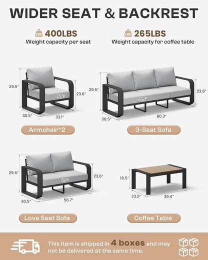 Aluminum Outdoor Sofa Bistro Set, Oversized Patio Conversation Sets Widened Armrest & Ultra-Thick Cushions, Deep Seating Patio Furniture Set for Backyard, Porch, Gray