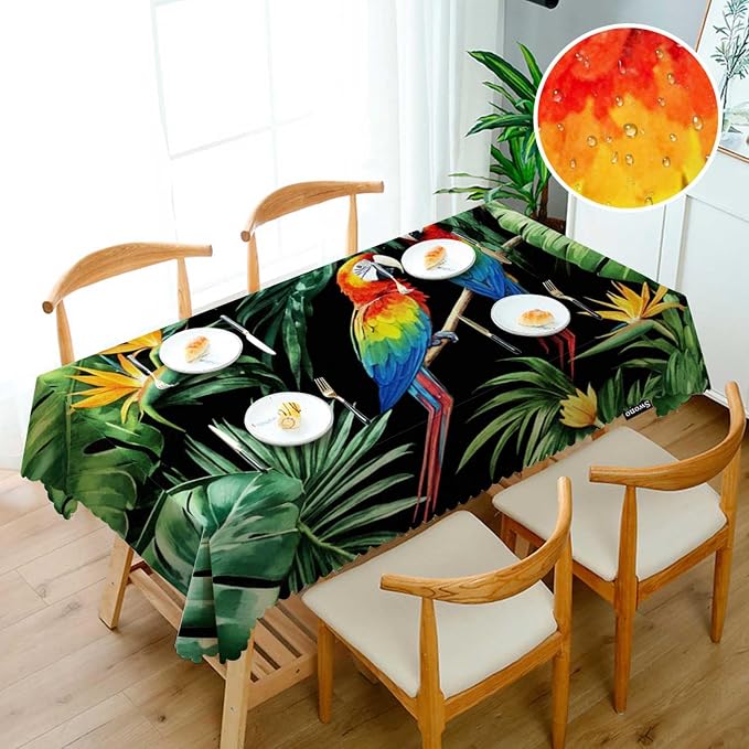 Swono 52x70 Inch Parrot Tablecloth Tropical Macaw Parrot Jungle Palm Leaves Farmhouse Dining Table Cloth Anti-Stain Talking Table Cover for Kitchen Dinning Room Coffee Store