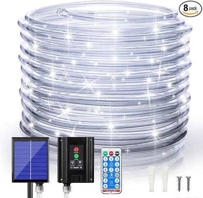 ANJAYLIA 66FT 200 LED Waterproof Outdoor Solar Rope Lights, Cold White | Solar Powered Rope Lights With 8 Modes, Remote, Timer, Dimming, Auto On/Off For Garden, Deck, Patio, and Holiday Decor