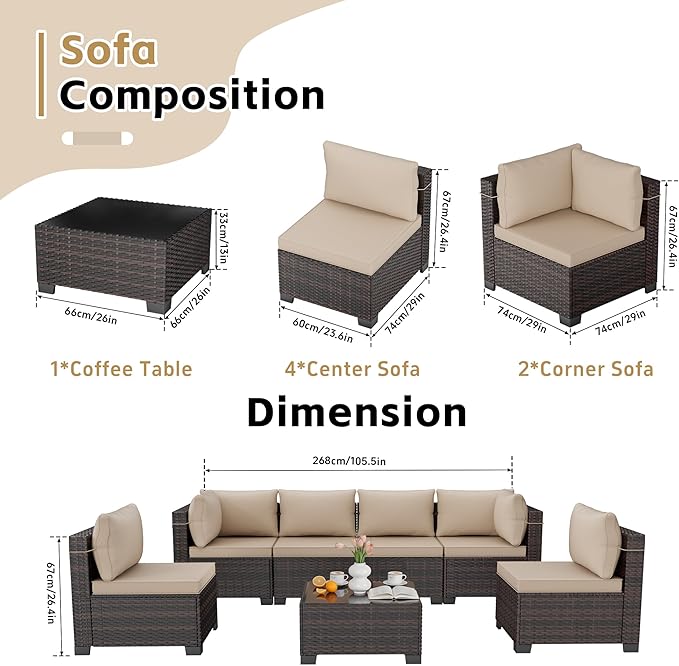 LAFWELL 7 Pieces Outdoor Patio Furniture Sets,Rattan Conversation Sectional Set,Manual Weaving Wicker Patio Sofa with Tea Table