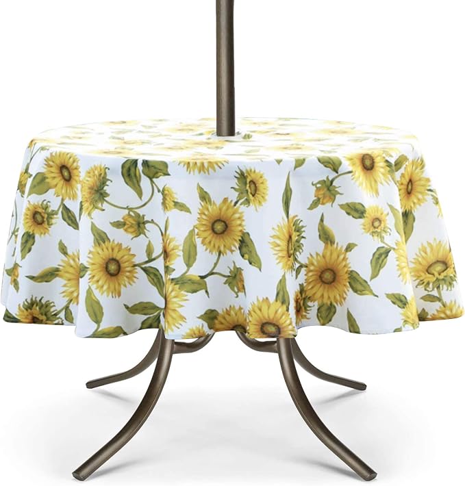 UMINEUX 60" Outdoor Round Tablecloth with Umbrella Hole and Zipper | Spring/Summer Waterproof Round Patio Table Cover for Picnic/BBQ/Garden, Sunflower