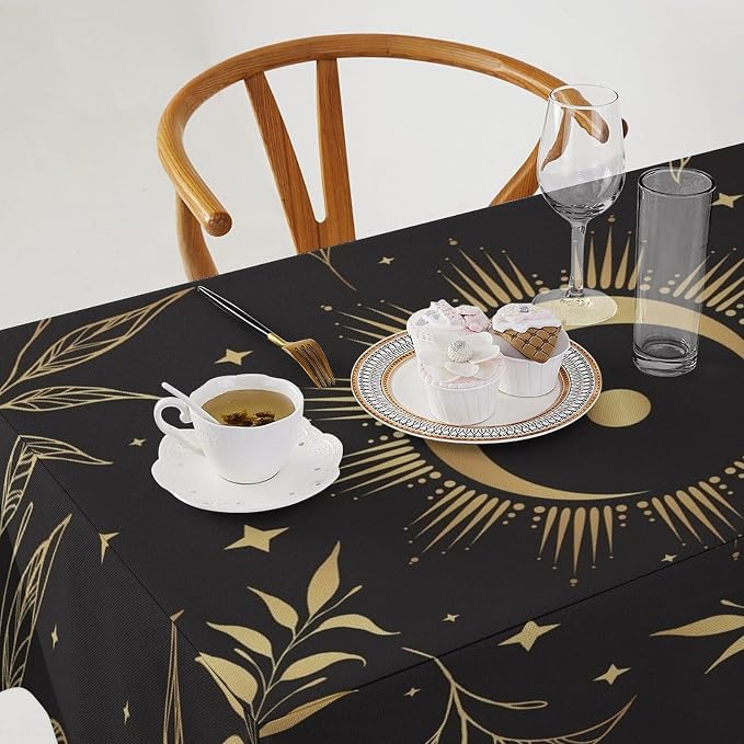Sun Moon Tablecloth Vintage Boho Astrology Gold Celestial Star Galaxy Space Table Cloth Water Resistant Wipeable Table Cover for Picnic Party Holiday Kitchen Dinner Table 55"x55"