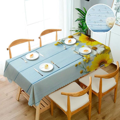 Swono Daisy Rectangular Tablecloth Garden Blossom Daisy Sunflowers Blue Wooden Washable Table Cloth Kitchen Dining Room Table Cover for Party Dinner 50x72 Inch Tablecloths