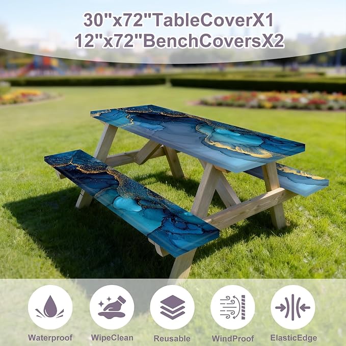Marble Picnic Table Cover with Table Cover, Elastic Tablecloth for Outdoor Picnic Tables, Blue Ocean and Gold Texture Design, Tablecloth for Camping, Barbecue and Terrace Dining