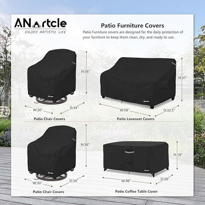 ANartcle Patio Furniture Covers 4 Piece Set, 600D Waterproof Heavy Duty Outdoor Furniture Covers,Fit Wicker Patio Loveseat, Swivel Rocker Chair and Coffee Table,Black