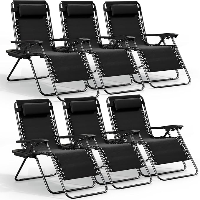 Nestl Zero Gravity Chairs Set of 6, Patio Lounge Chair Outdoor with Pillows & Cup Holder Trays, Adjustable Steel Mesh Reclining Camping Chair, Folding Patio Lawn Chair for Deck, Beach, Yard - Black