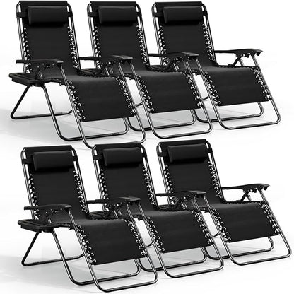 Nestl Zero Gravity Chairs Set of 6, Patio Lounge Chair Outdoor with Pillows & Cup Holder Trays, Adjustable Steel Mesh Reclining Camping Chair, Folding Patio Lawn Chair for Deck, Beach, Yard - Black