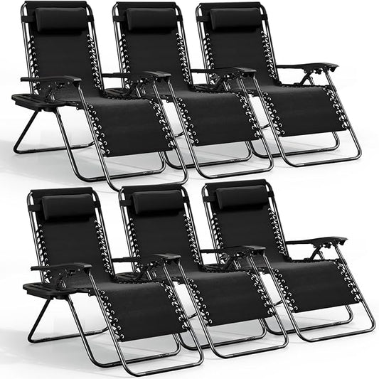 Nestl Zero Gravity Chairs Set of 6, Patio Lounge Chair Outdoor with Pillows & Cup Holder Trays, Adjustable Steel Mesh Reclining Camping Chair, Folding Patio Lawn Chair for Deck, Beach, Yard - Black