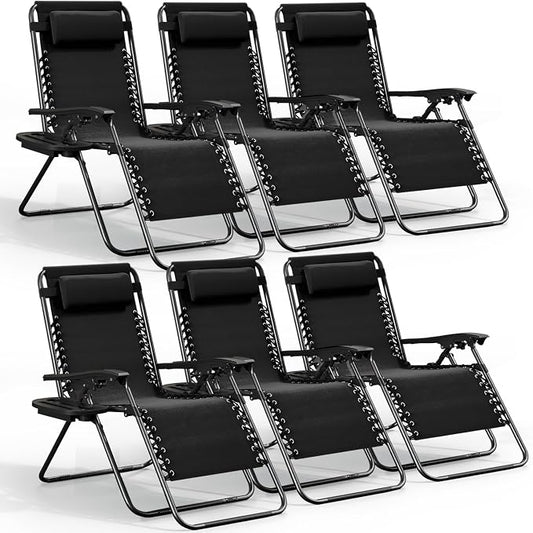 Nestl Zero Gravity Chairs Set of 6, Patio Lounge Chair Outdoor with Pillows & Cup Holder Trays, Adjustable Steel Mesh Reclining Camping Chair, Folding Patio Lawn Chair for Deck, Beach, Yard - Black