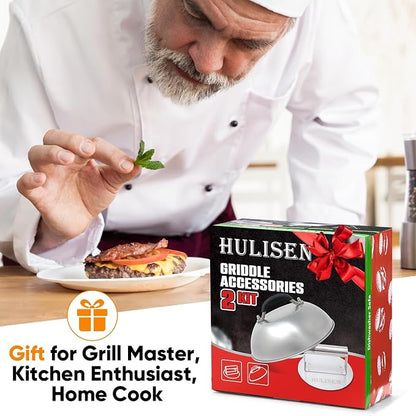 HULISEN 9" Cheese Melting Dome & 6.2" Smashed Burger Press Kit | Grill Press with Basting Cover, Stainless Steel Burger Smasher, Griddle Accessories Kit for Flat Top Grill Cooking