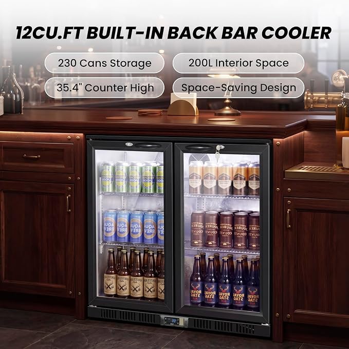 35.42" W Commercial Under Counter Beverage Refrigerator, 2 Glass Door Back Bar Cooler, Built-in/Freestanding 7.4Cuft Drink Fridge with LED Light, Auto Defrost, Low-E Glass & Safety Lock, Rebound door