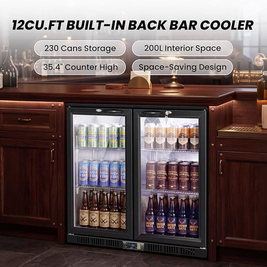 35.42" W Commercial Under Counter Beverage Refrigerator, 2 Glass Door Back Bar Cooler, Built-in/Freestanding 7.4Cuft Drink Fridge with LED Light, Auto Defrost, Low-E Glass & Safety Lock, Rebound door