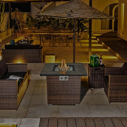 30'' Propane Fire Pit Table, Marble Textured Ceramic Tabletop, 50,000 BTU Fire Table with Brown Wicker, Mix Color Glass Rocks, Including Lid&Cover, Square