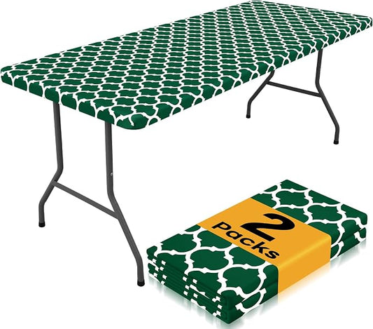 Smiry 2 Pack Rectangle Table Cloth 8 Foot, Waterproof Elastic Fitted Tablecloths, Windproof Washable Polyester Table Cover for Picnic, Camping, Outdoor (Emerald Green, 30"x96")