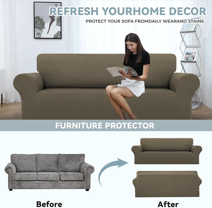 LURKA Stretch Couch Cover for Sofa, 1 Piece 3 Cushion Slipcover, Khaki | Soft Stretch Jacquard, Fits 78"-94" Sofas, Elastic Bottom for Secure Fit, Machine Washable, Pet & Kid Friendly
