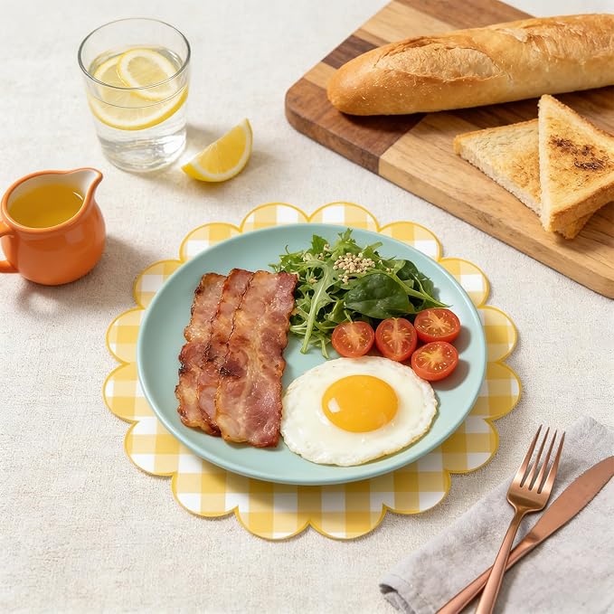 100Pcs Checkered Paper Placemats Yellow Gingham Place Mats 13.5 Inch Disposable Round Decorative Dining Table Mat with Scalloped Edge Paper Cutouts Decor for Wedding Baby Shower Table Party Supplies