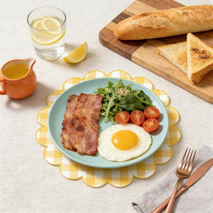 100Pcs Checkered Paper Placemats Yellow Gingham Place Mats 13.5 Inch Disposable Round Decorative Dining Table Mat with Scalloped Edge Paper Cutouts Decor for Wedding Baby Shower Table Party Supplies