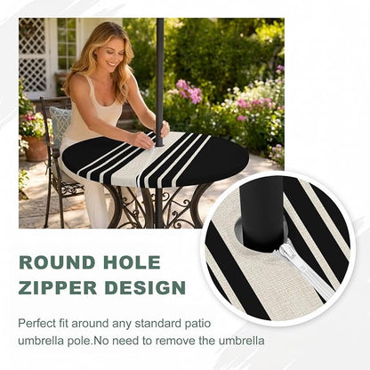 Outdoor Fitted Tablecloth with Umbrella Hole and Zipper, Black Beige Striped Elastic Round Patio Table Cover, Farmhouse Retro Lines Modern Windproof Table Protector for Backyard BBQ Party 31''-35''